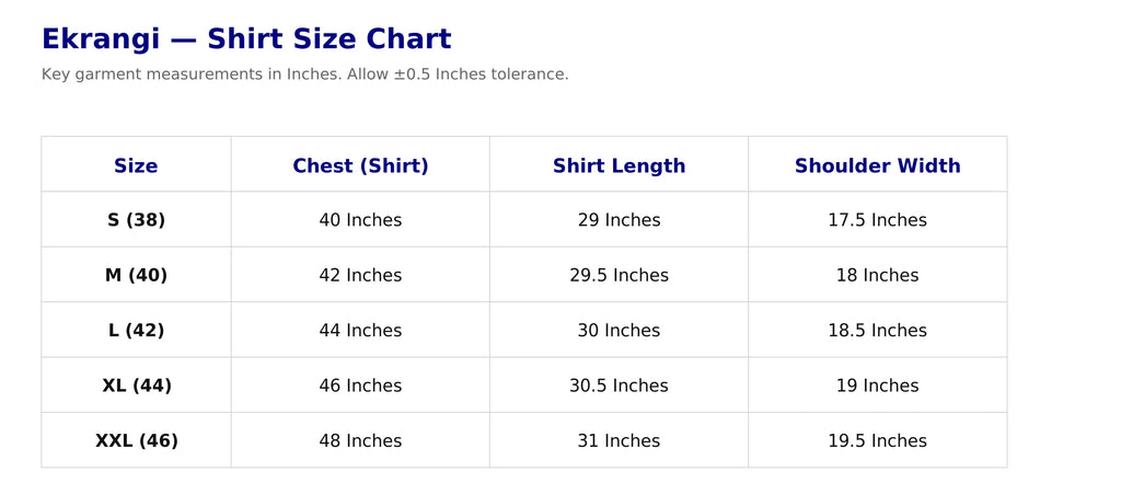 Ekrangi shirt size chart with measurements in inches.