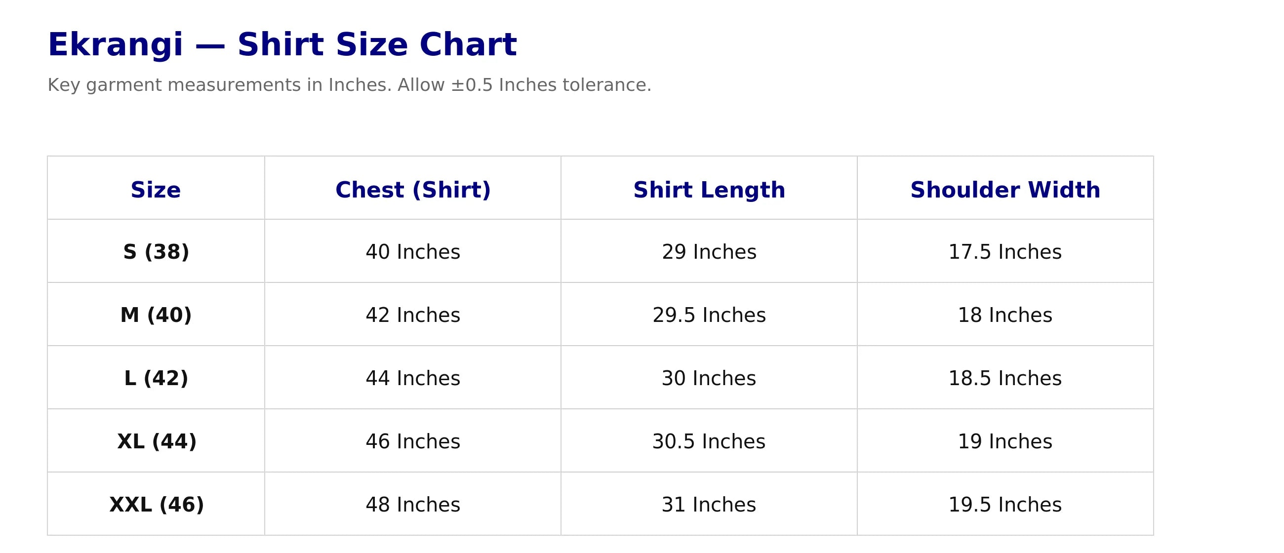 Ekrangi shirt size chart with measurements in inches.