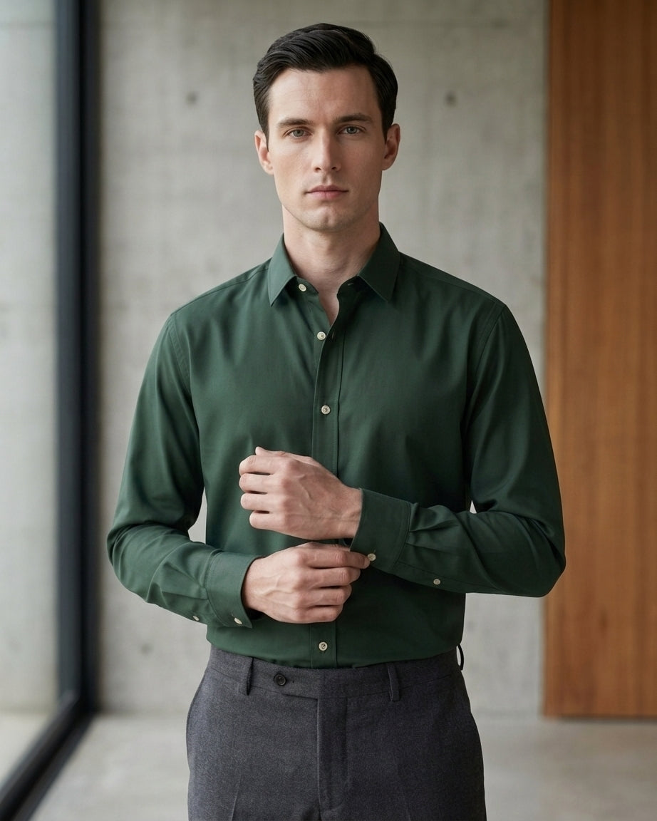 Lifestyle image of man wearing emerald green premium cotton regular fit shirt by Ekrangi
