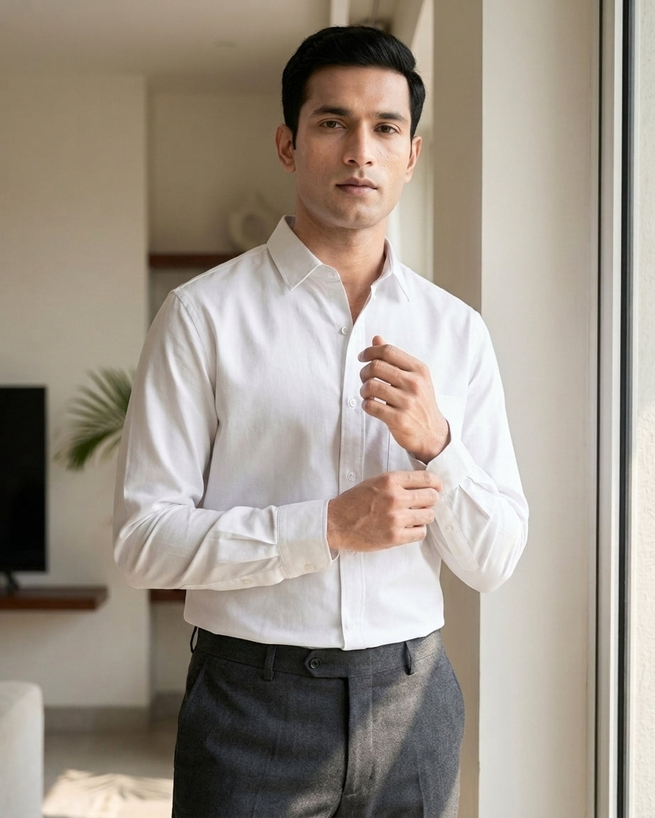 Lifestyle image of man wearing frost white premium cotton regular fit shirt by Ekrangi