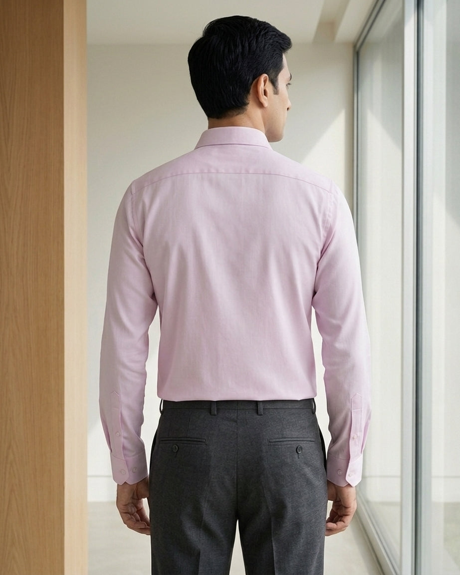 Lifestyle image of man wearing heirloom lavender cotton sateen regular fit shirt by Ekrangi