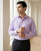 Lifestyle image of man wearing lilac lavender premium cotton regular fit shirt by Ekrangi