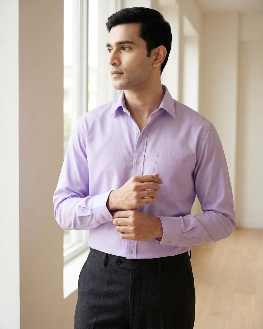 Lifestyle image of man wearing lilac lavender premium cotton regular fit shirt by Ekrangi
