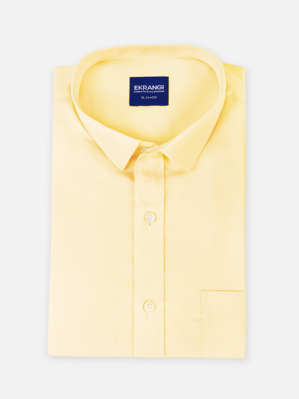 Folded men’s marigold yellow premium cotton regular fit shirt by Ekrangi