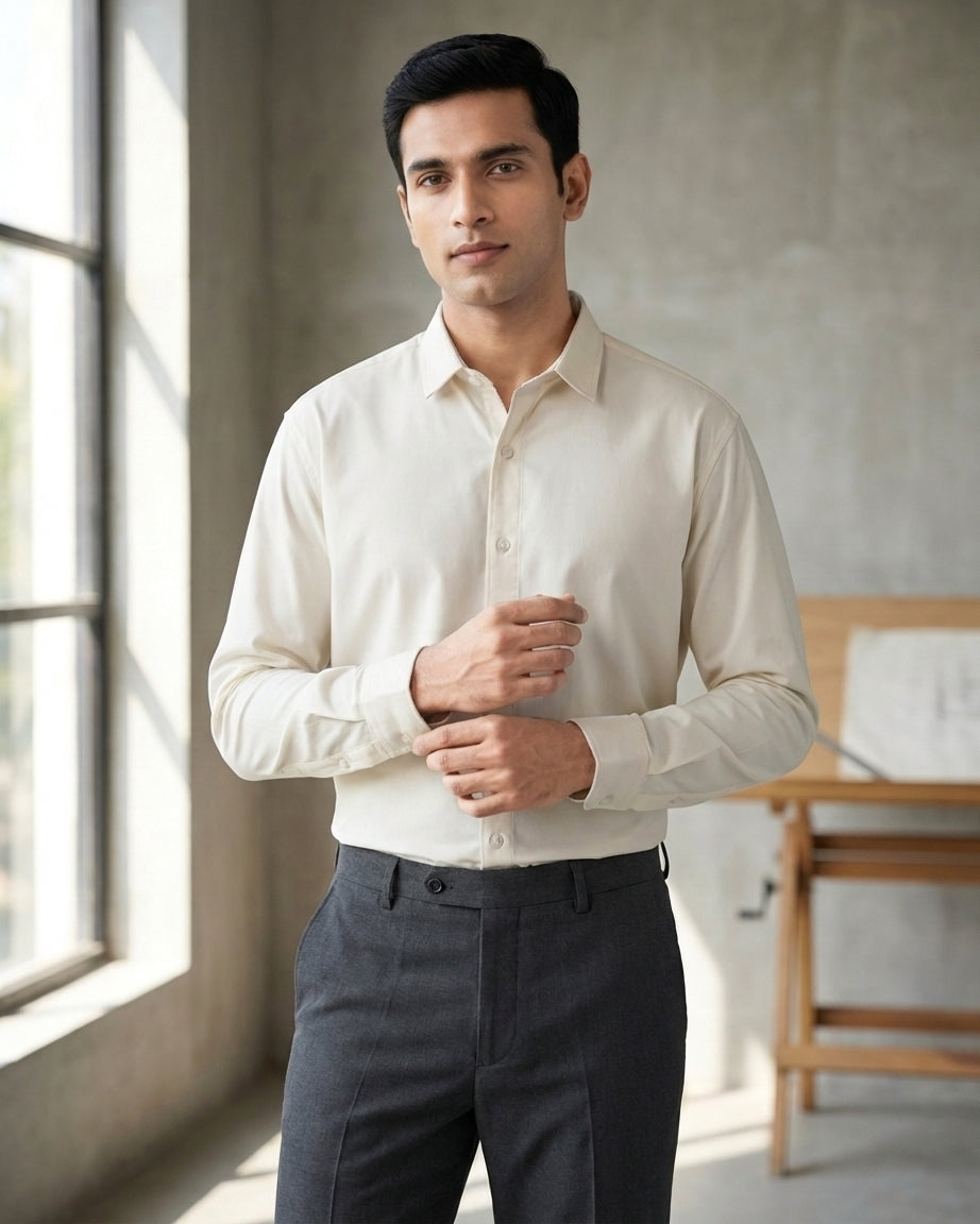 Lifestyle image of man wearing metro white premium cotton regular fit shirt by Ekrangi