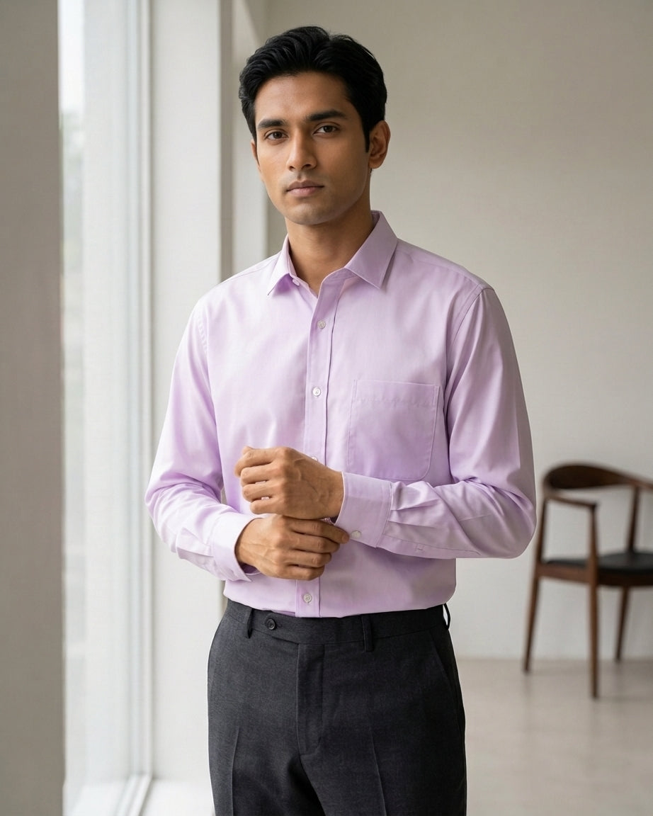 Lifestyle image of man wearing refined lavender premium polyester cotton regular fit shirt by Ekrangi
