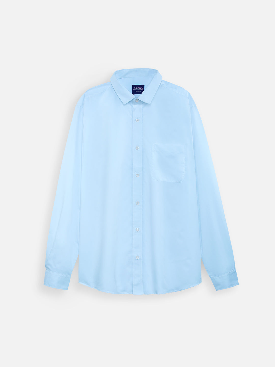 Front view of men’s serene blue premium polyester cotton regular fit shirt by Ekrangi