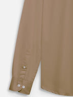 Close-up of fabric of men’s taupe brown premium polyester cotton shirt by Ekrangi