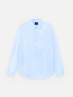 Front view of men’s tranquil blue premium cotton regular fit shirt by Ekrangi